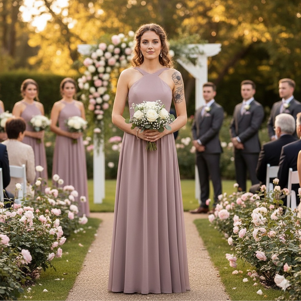 Lulu’s Sz S Nude Neutral Chiffon Maxi Bridesmaid Dress